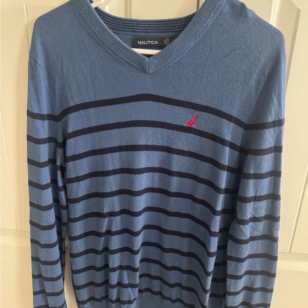 Nautica Men's V-Neck Blue and Navy Striped Sweater